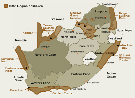 Karte der touristischen Regionen Südafrikas